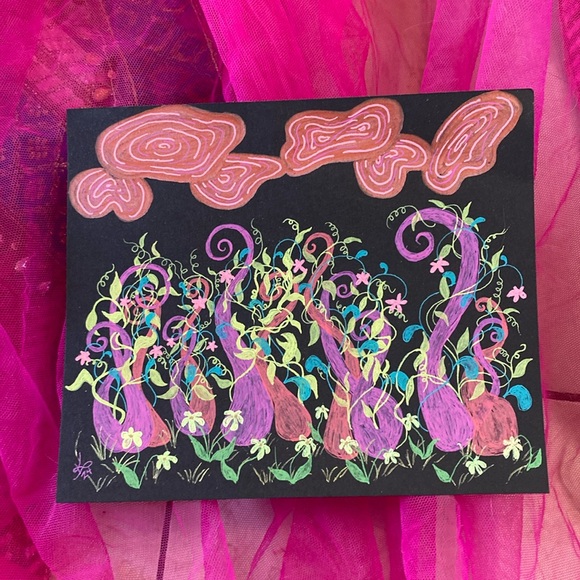 Unframed Original Art Drawing Fantasy Garden Illustration w Flowers & Vines - Picture 3 of 5